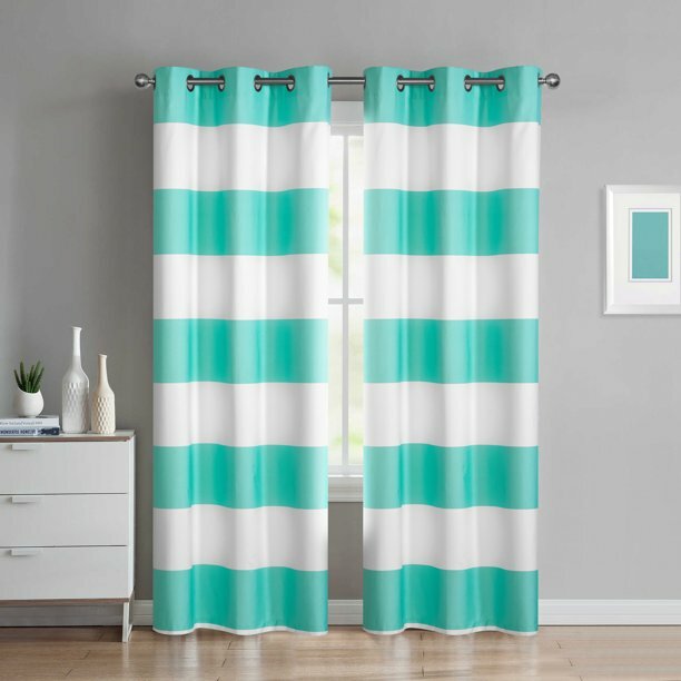 Urban Shop Rugby Stripe Print Room Darkening Grommeted Curtain Panel PAIR, Aqua