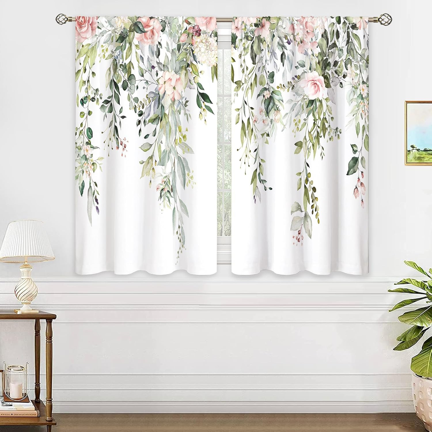 Eucalyptus Botanical Leaves Pink Rose Floral Kitchen Window Curtains Flower Plan
