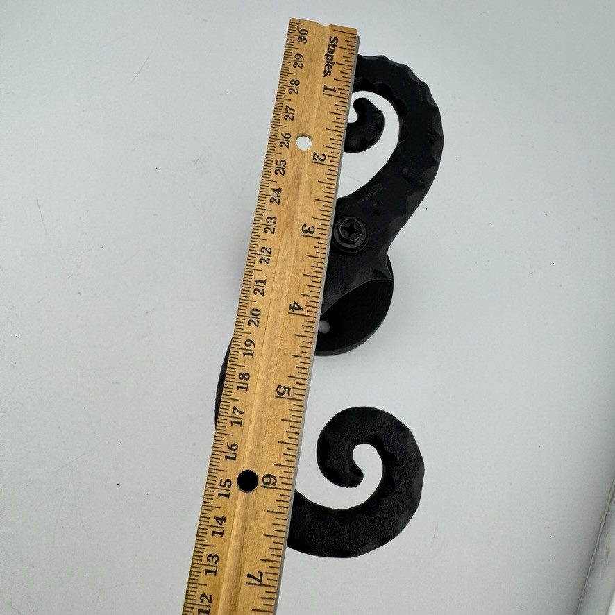 1 Pair – Black Galvanized Iron Scroll Post Mount Shutter Dogs w/ Hammered Edge