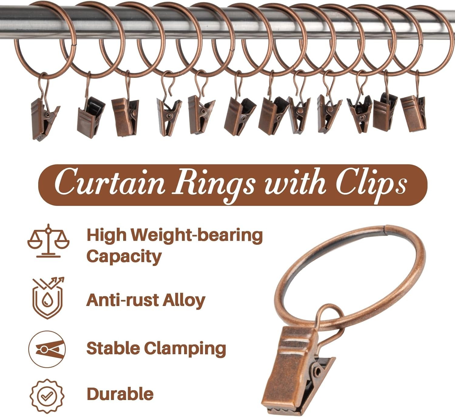 40 Elegant Antique Red Copper Curtain Clips with Rings – Strong & Stylish Hold
