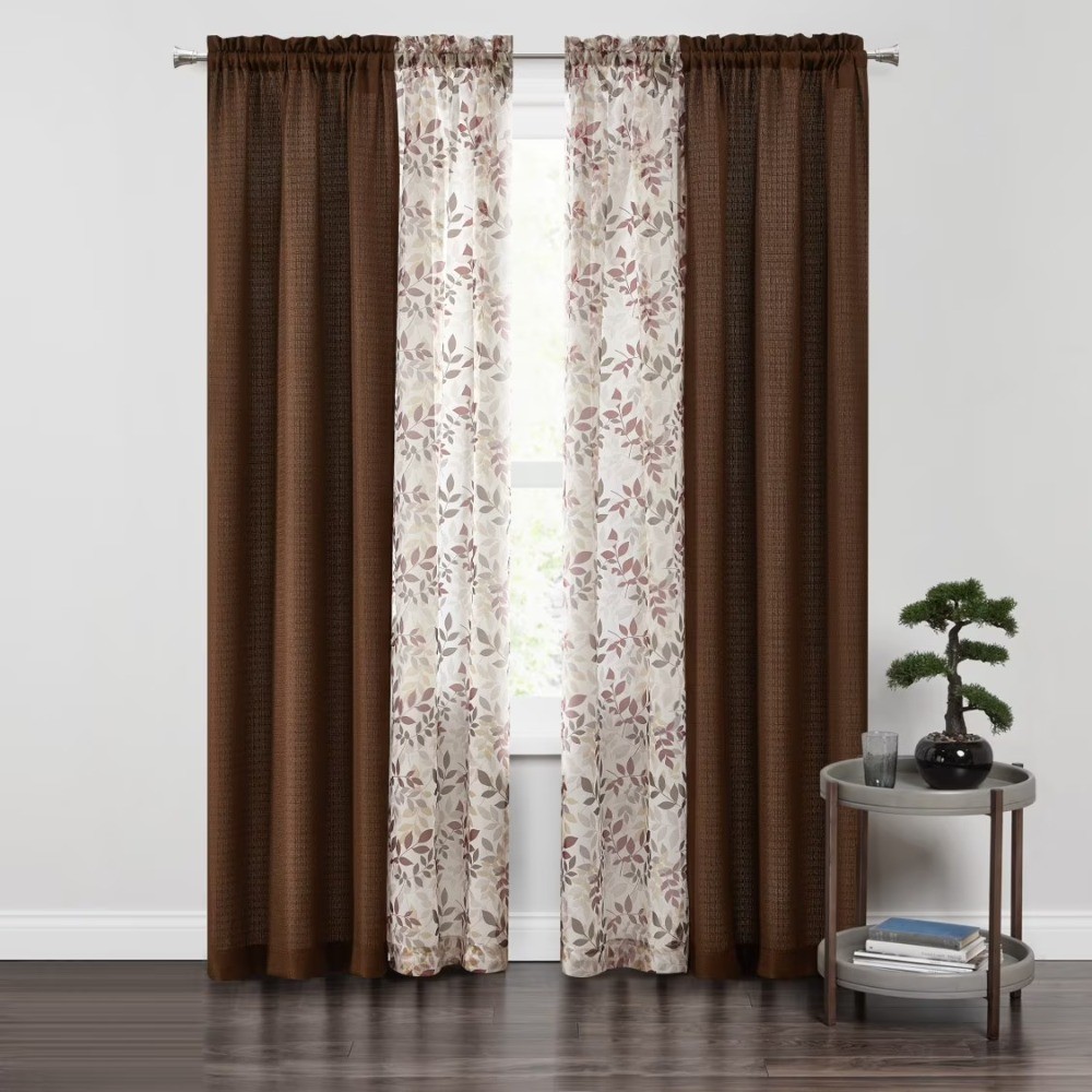 Curtain and Sheers Set, 4 Panels, Brown, 27.5″ W x 84” L