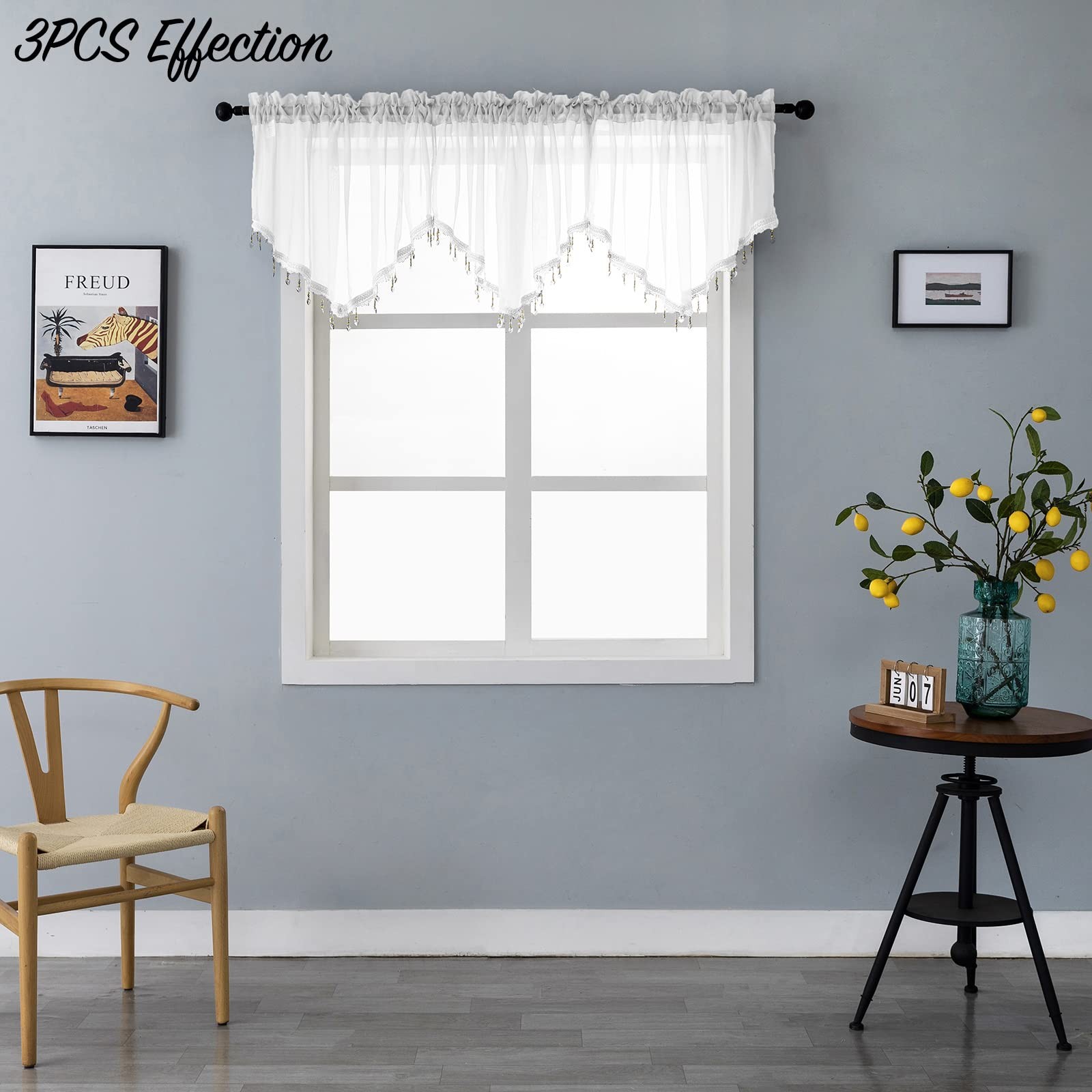 Beaded Triangle Sheer Valance Curtains for Living Room,Rod Pocket Farmhouse W…