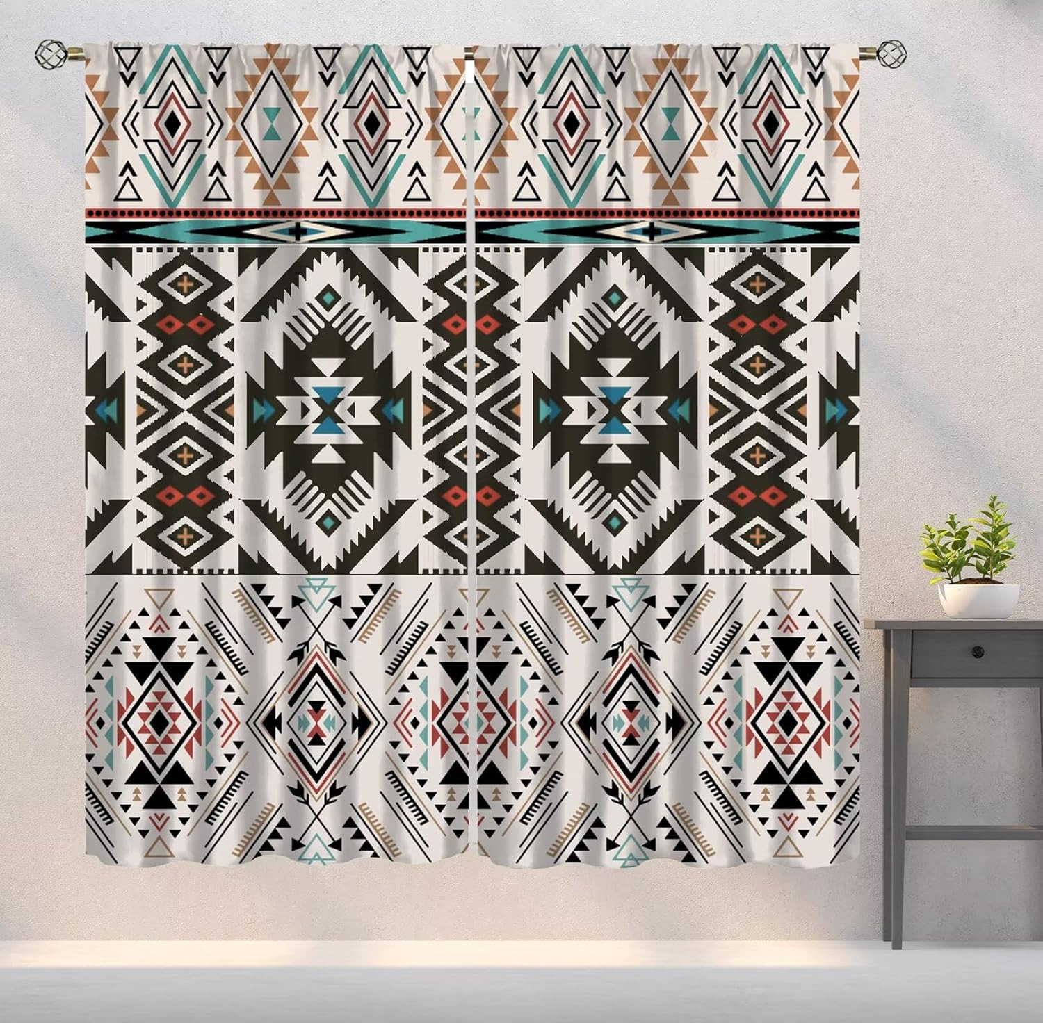 Aztec Blackout Curtains, Native American Tribal Boho Geometric Art Printed Windo