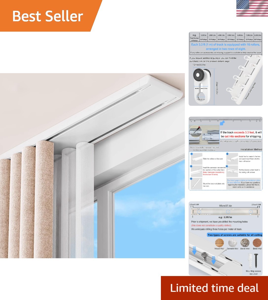 Whisper-Quiet Heavy Duty Curtain Track – Double Row, Ceiling Mounted, 4.3m Long