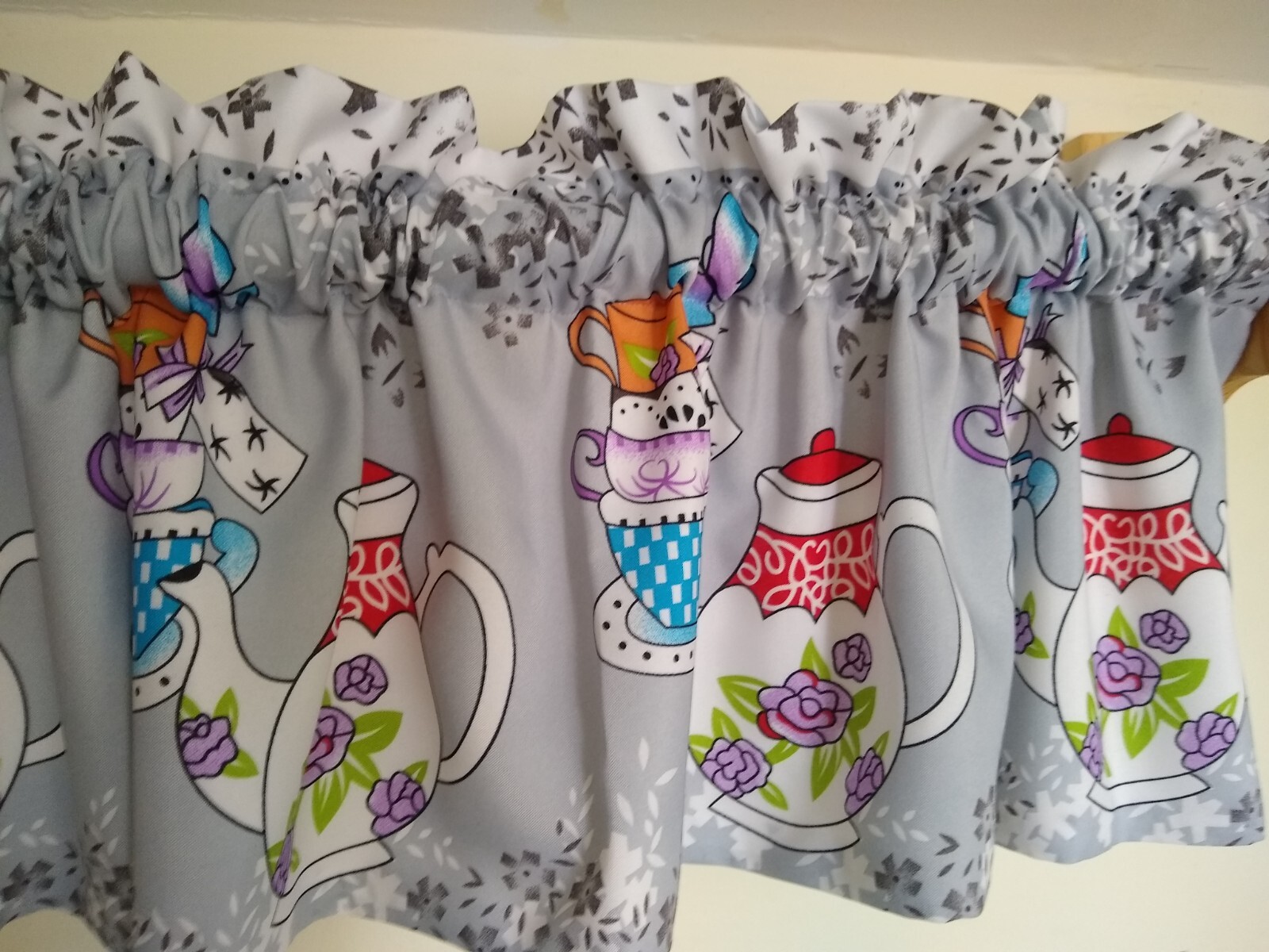 Teapot Kitchen Valance 12″ & 14″ Teacup Prints Teatime Lined Kitchen Valance