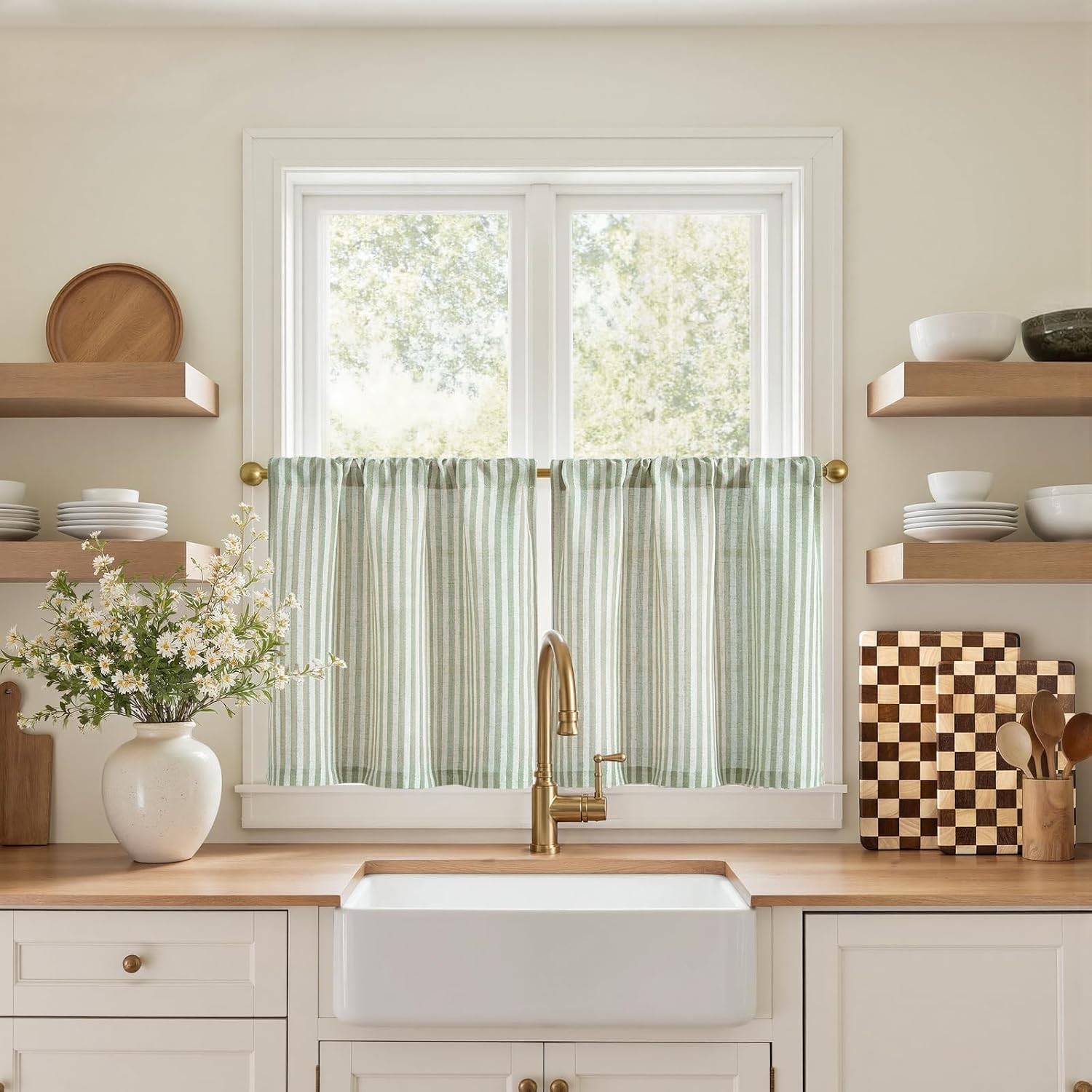 Striped Linen Kitchen Tier Curtains, 20 Inch, Sage Green, 2 Panels | Light-Filte