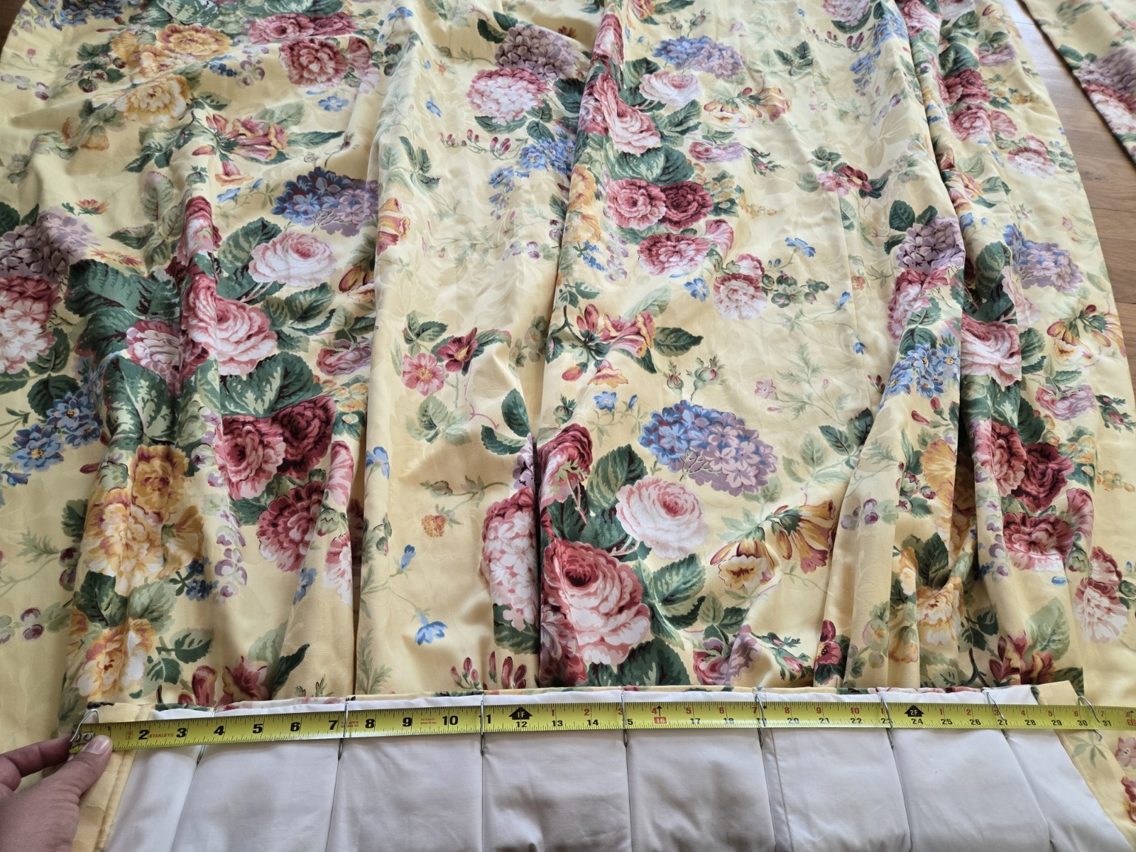 2 Custom English Country Cottage Rose Yellow Multi Pinch Pleat Drapes W30xL86