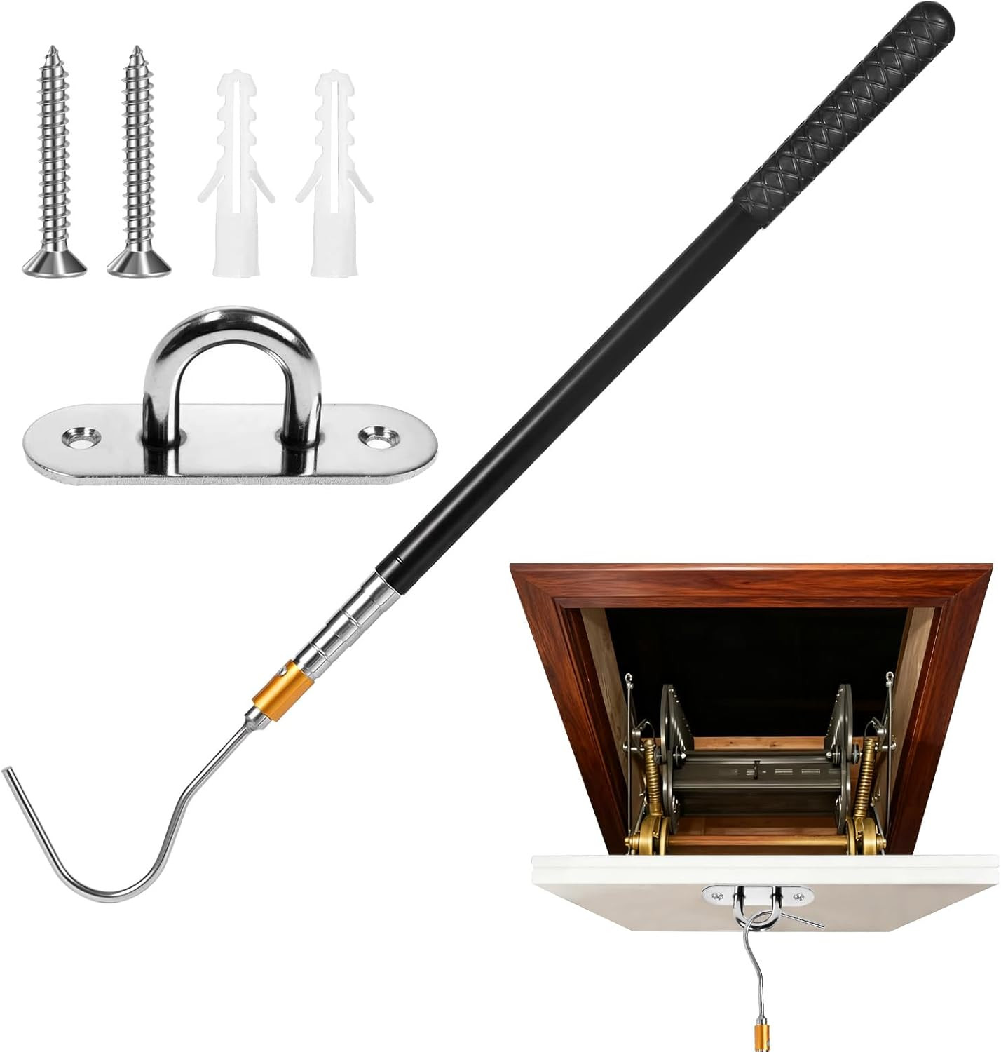 Attic Pull down Hook, 63-Inch Telescopic Attic Pull down Rod, Premium Stainless