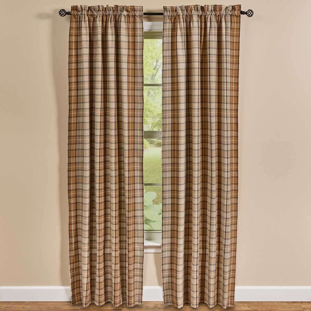 1 pair Patton Brown Tan Black Plaid Country Home Window Panels 2 Sizes