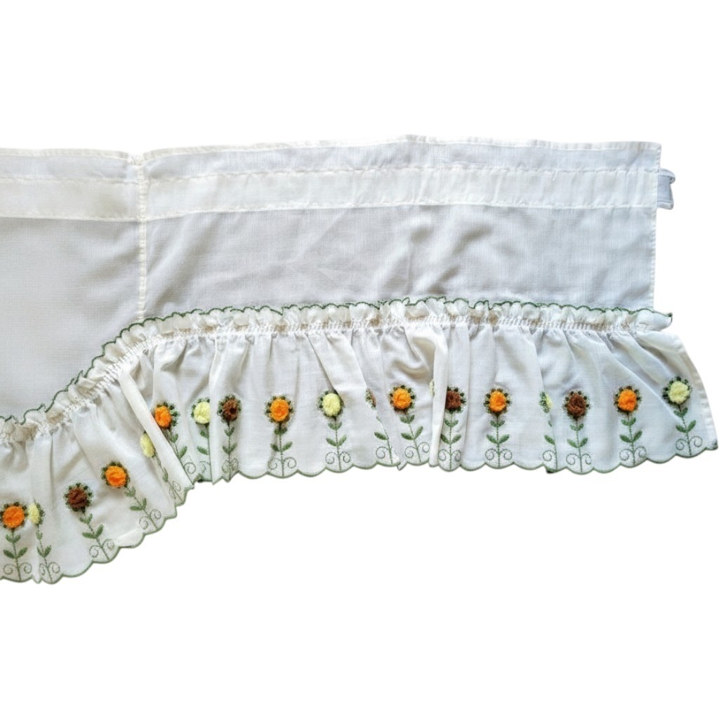 Vtg Sears 1970s Kitchen Swag Curtain Valance Embroidered Flower Power Mod Retro