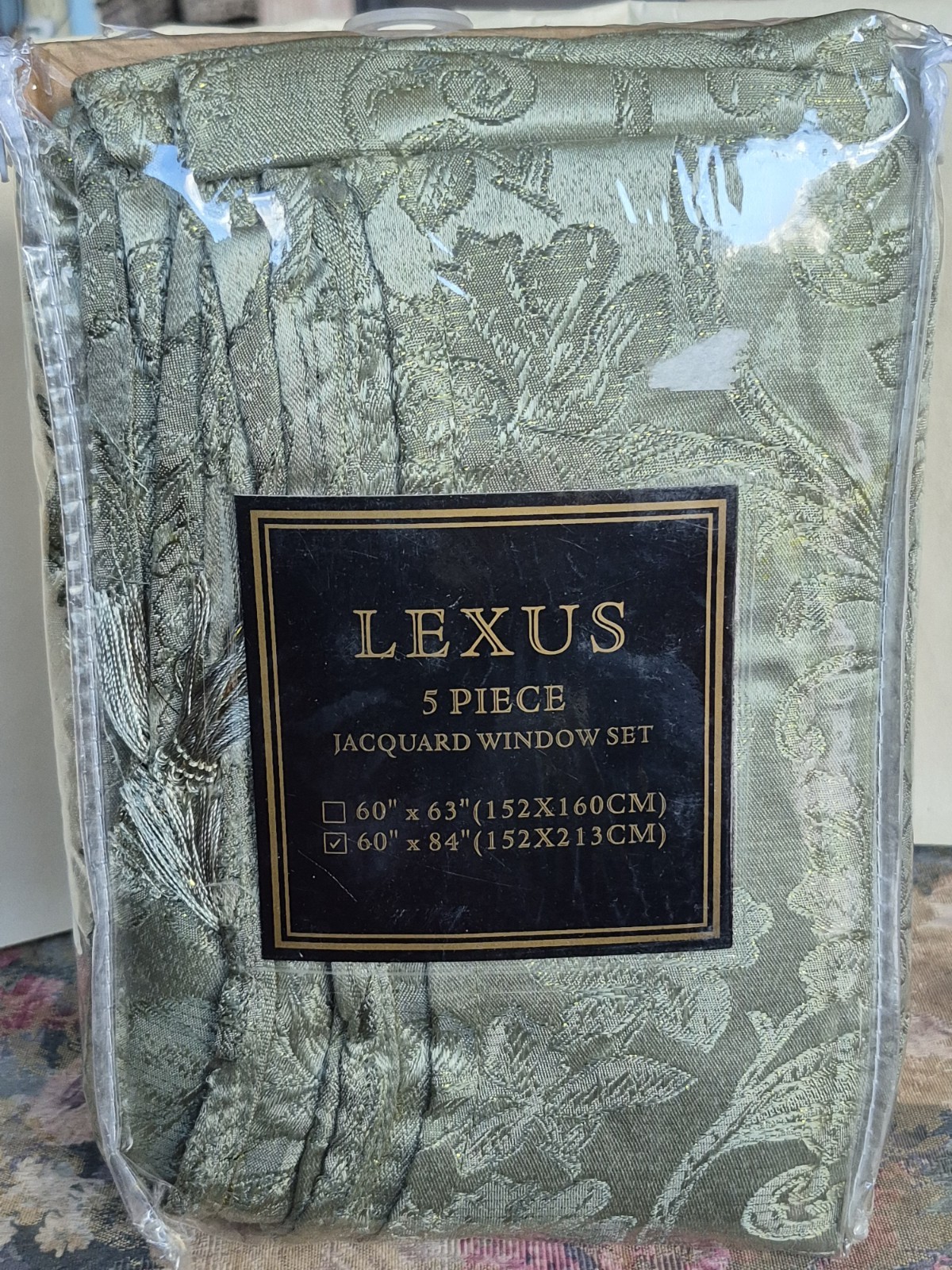 JACQUARD 5 PIECE WINDOW CURTAIN SET SAGE GREEN BY LEXUS 60 X 84″