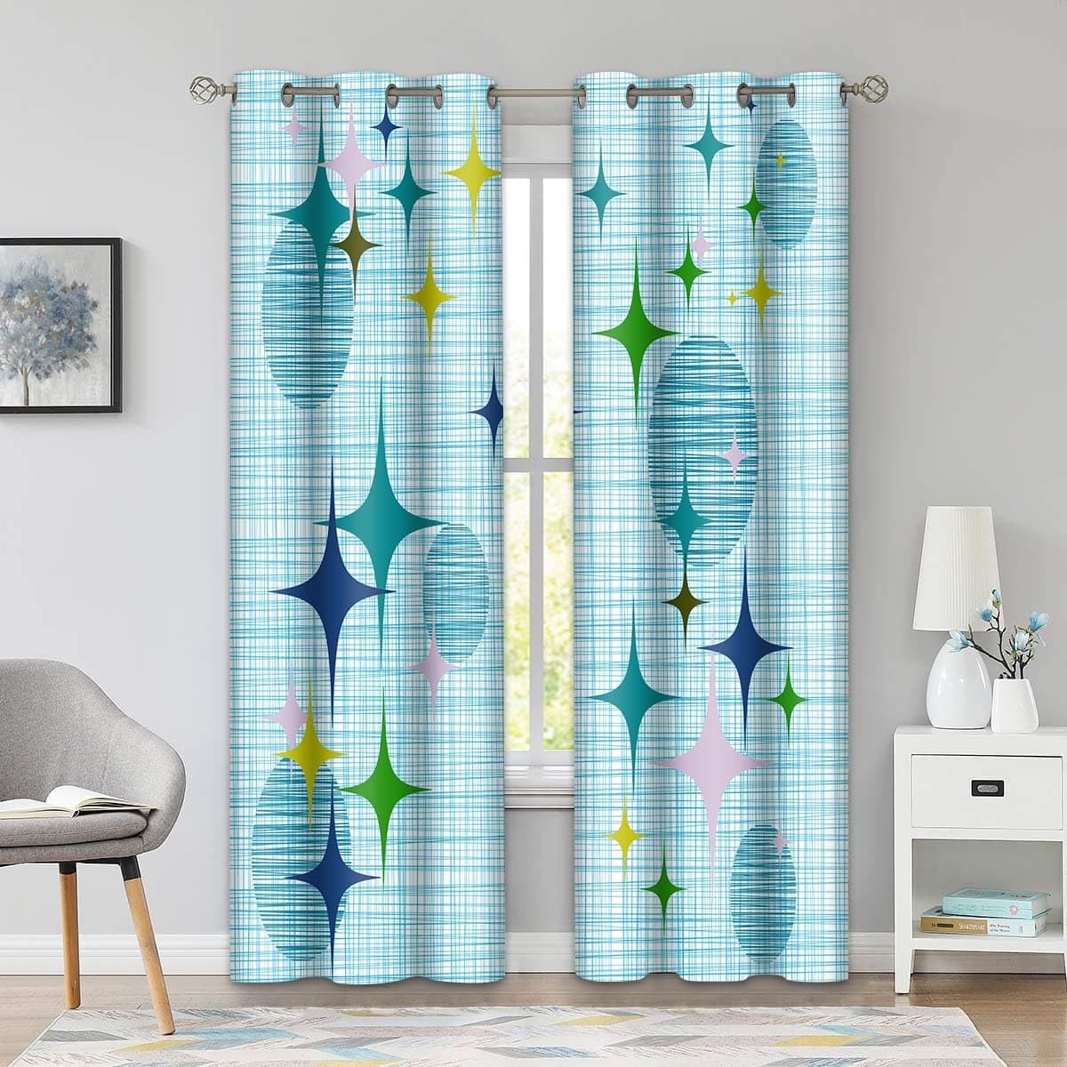 Mid Century Retro Curtains Panel 84 inches Long Abstract Vintage Boho Drapes …