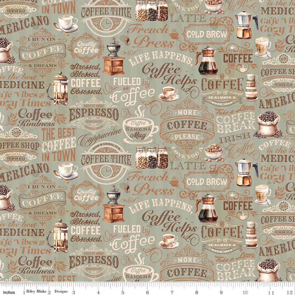 Curtain Valance – Coffee Time Text Sage Cotton