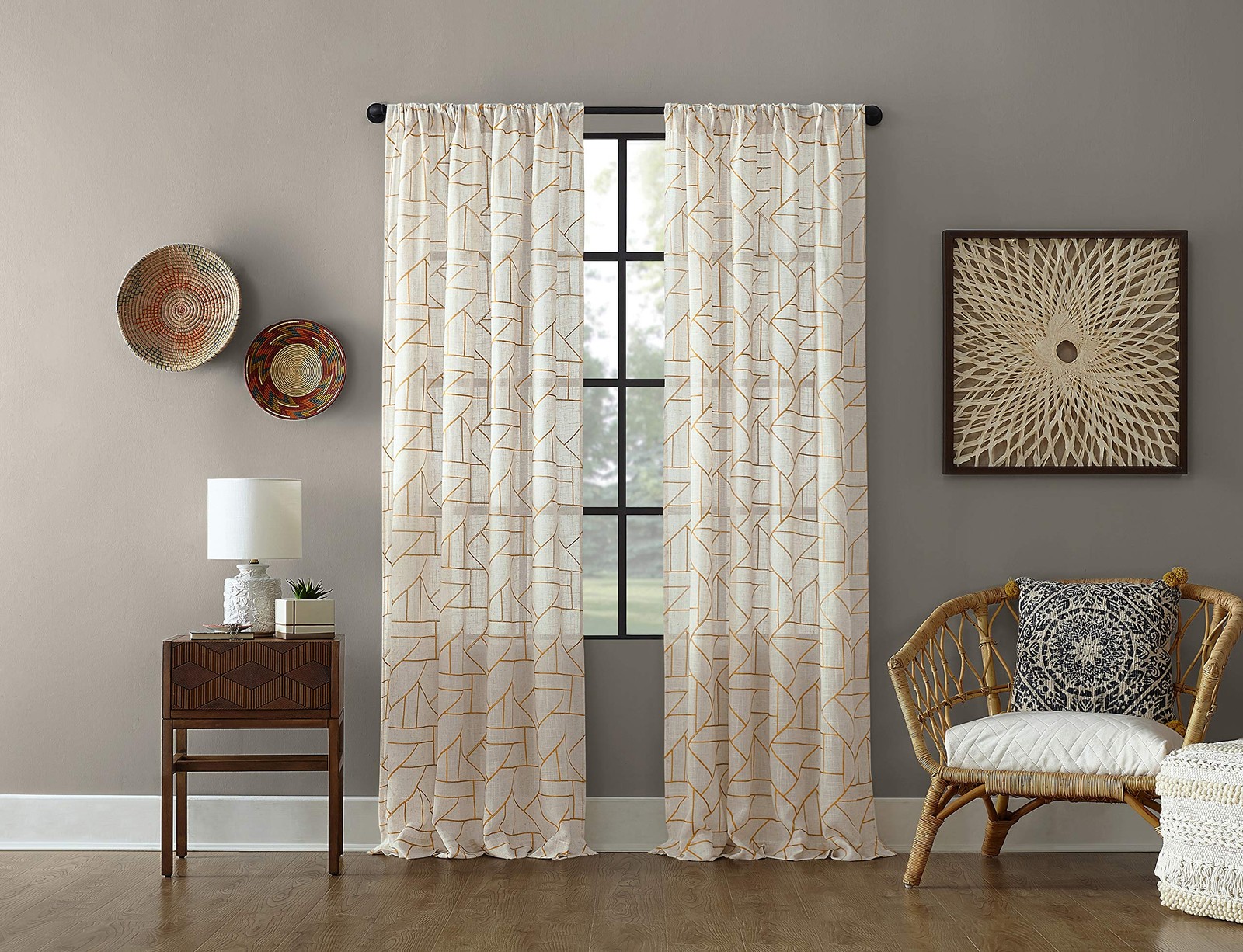 – 54889 Fragmented Geometric Embroidery Mid-Century Modern Natural Blend Curt…