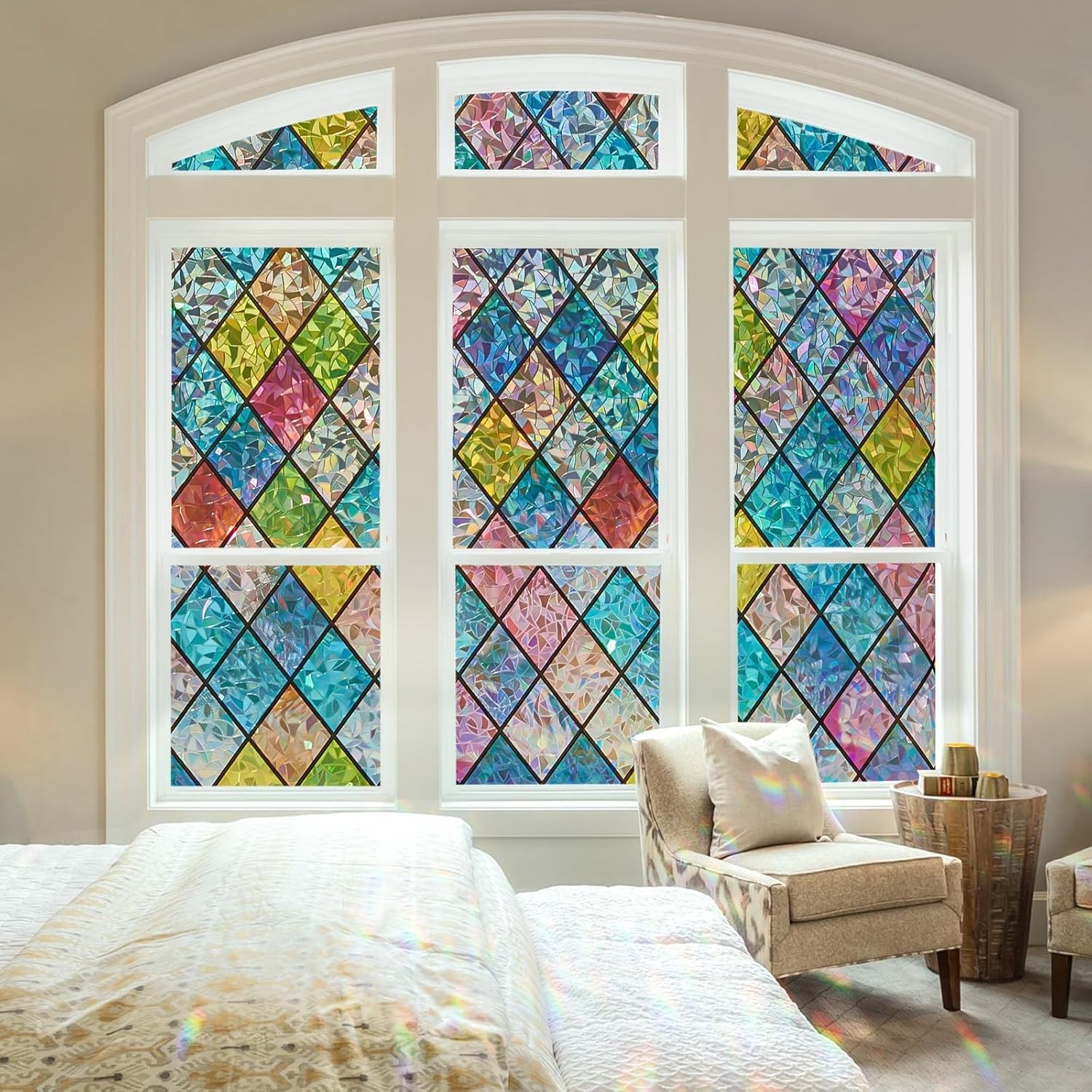 Rainbow Window Privacy Film – 3D Static Cling Stained Glass Window Film for Home
