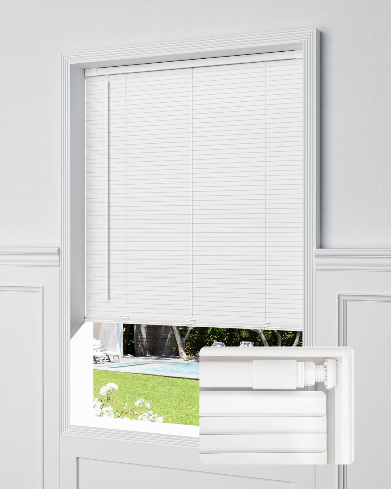 UNISHADES No Drill Cordless Mini Blinds 33.5×64 White 1″ Vinyl Privacy Inside