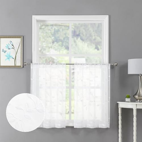 Leaf Sheer Tier Curtain Leaves Embroidered 30″W x 36″L (Pack of 2) White