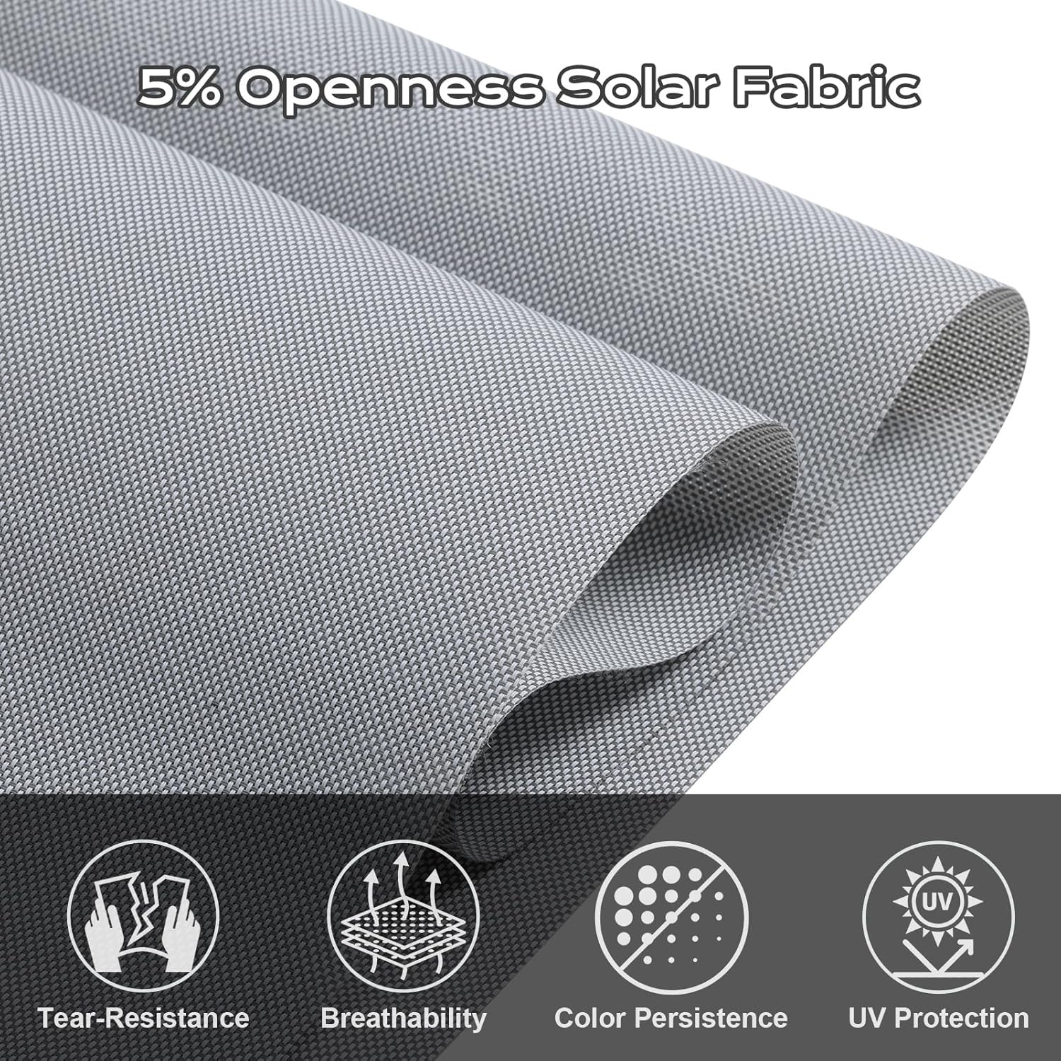 5% Openness Cordless Solar Fabric Roller Shade, 6’W X 8’H Sun Shade for Outdoor