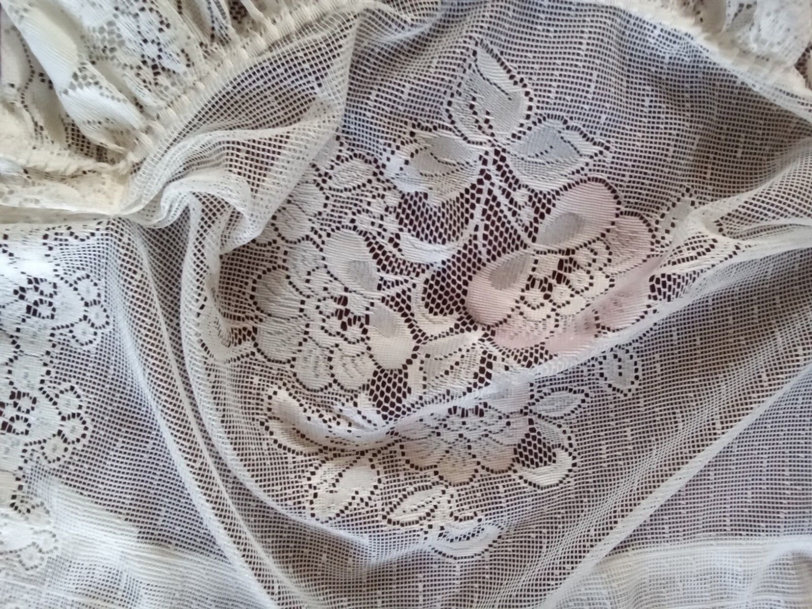 TWO (2) VINTAGE BEIGE NET LACE VANANCES WITH PALE PINK AND BLUE FLOWERS