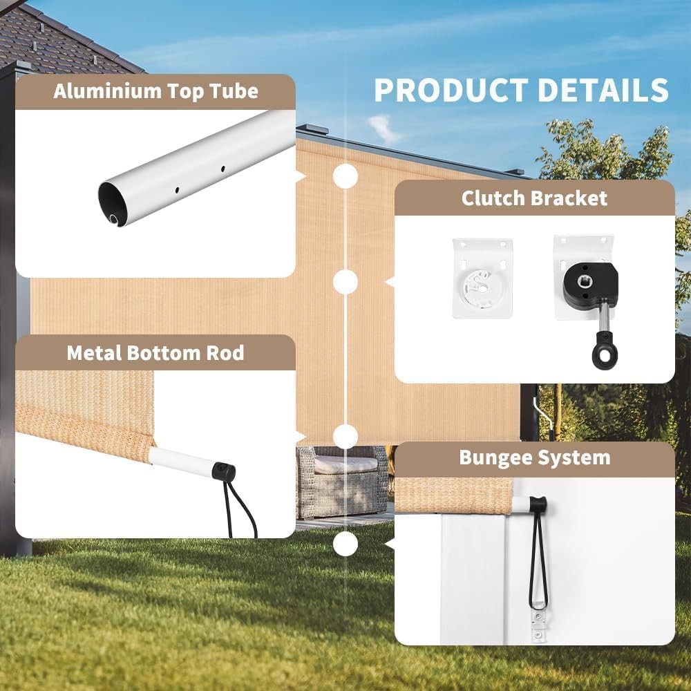Outdoor Roller Shade 5′ W x 8′ L Cordless Patio Shades Roll Up Outdoors Blinds