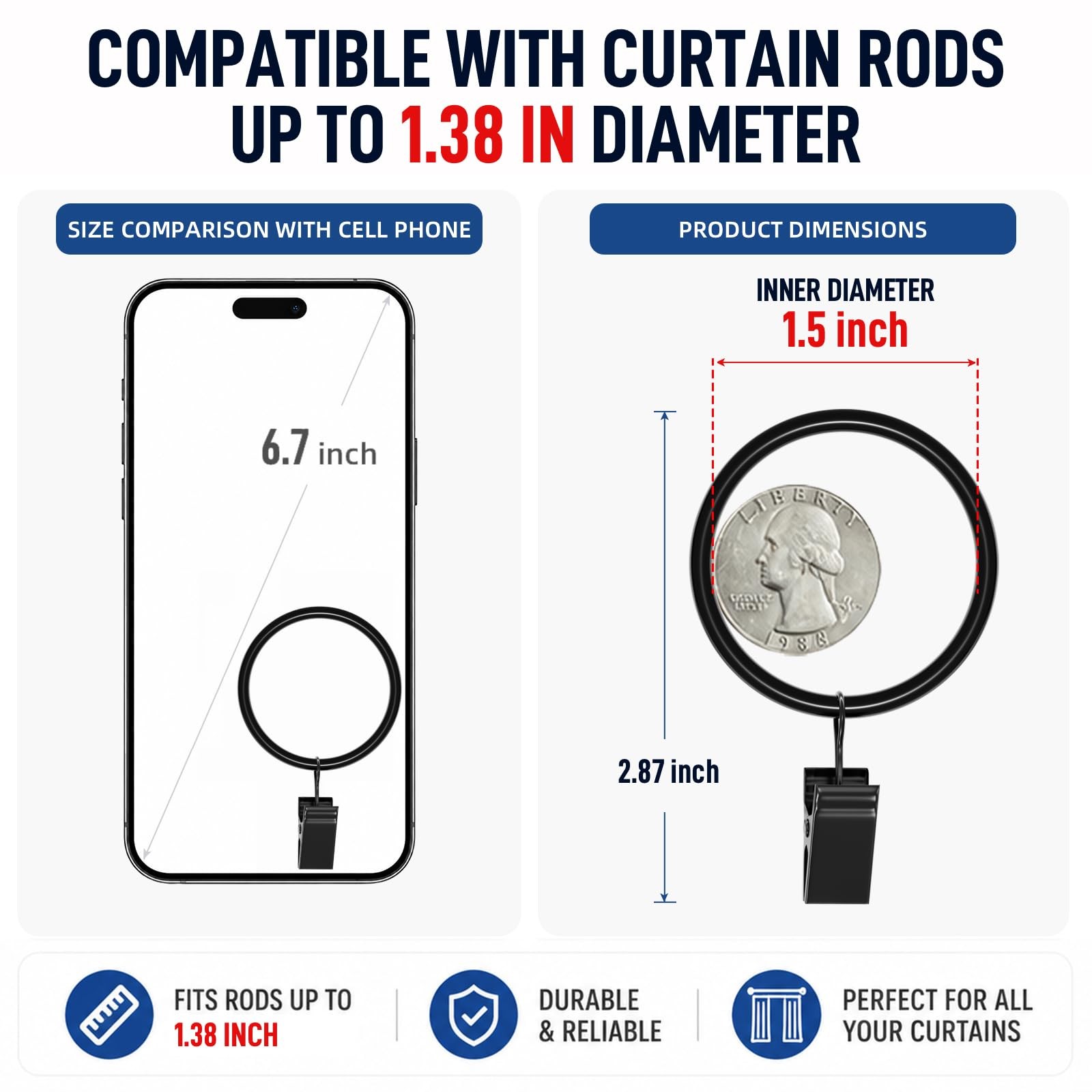44pcs Curtain Rings Clips Hooks 1.5 inch Rustproof Matte Metal Stainless Steel
