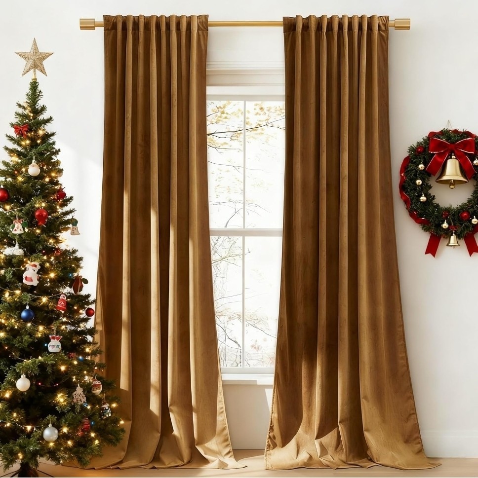 Gold Brown Blackout Velvet Curtains 96 Inches Long Thermal Insulated Room Darken