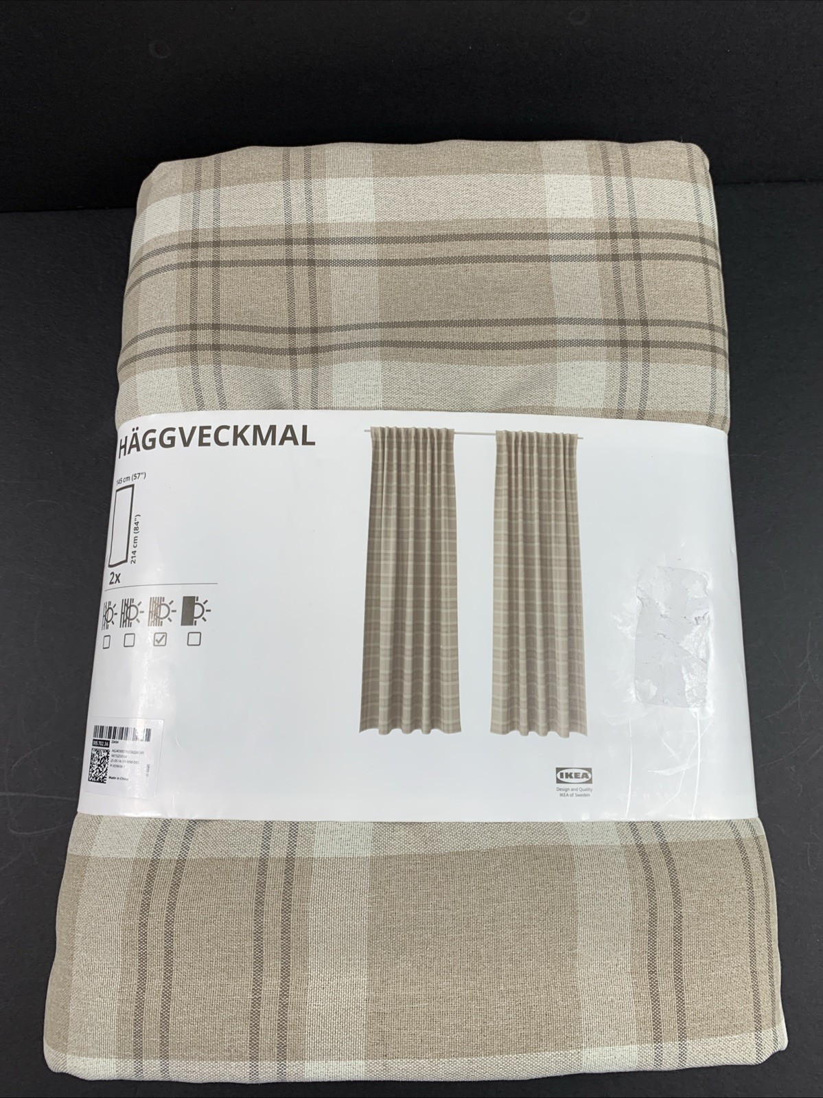 New IKEA HAGGVECKMAL 57″x 84″ Neutral Brown Plaid Curtain Panel Set 005.702.36