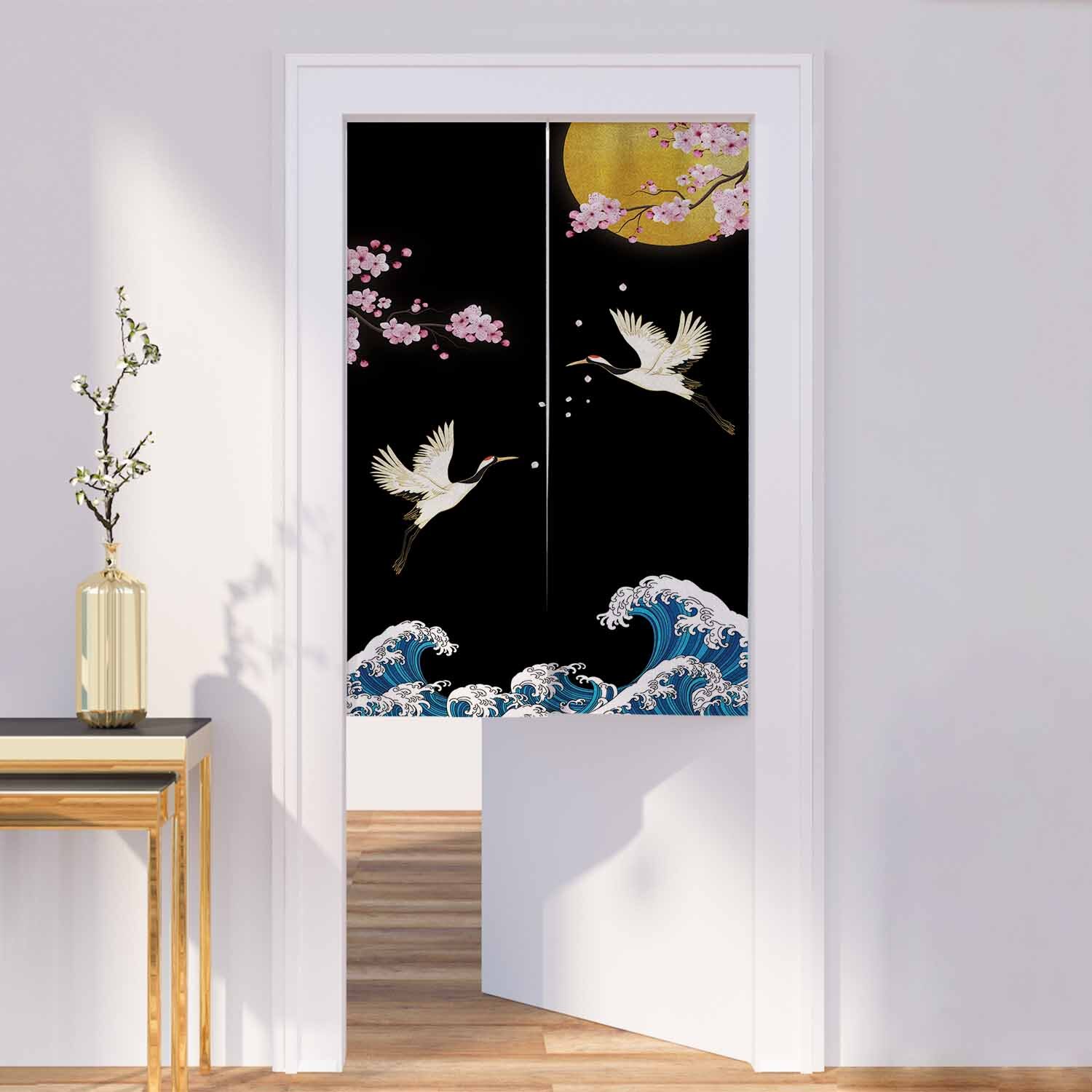 Japanese Style Noren Doorway Curtain White Cranes Cherry Blossom Moon Door Decor