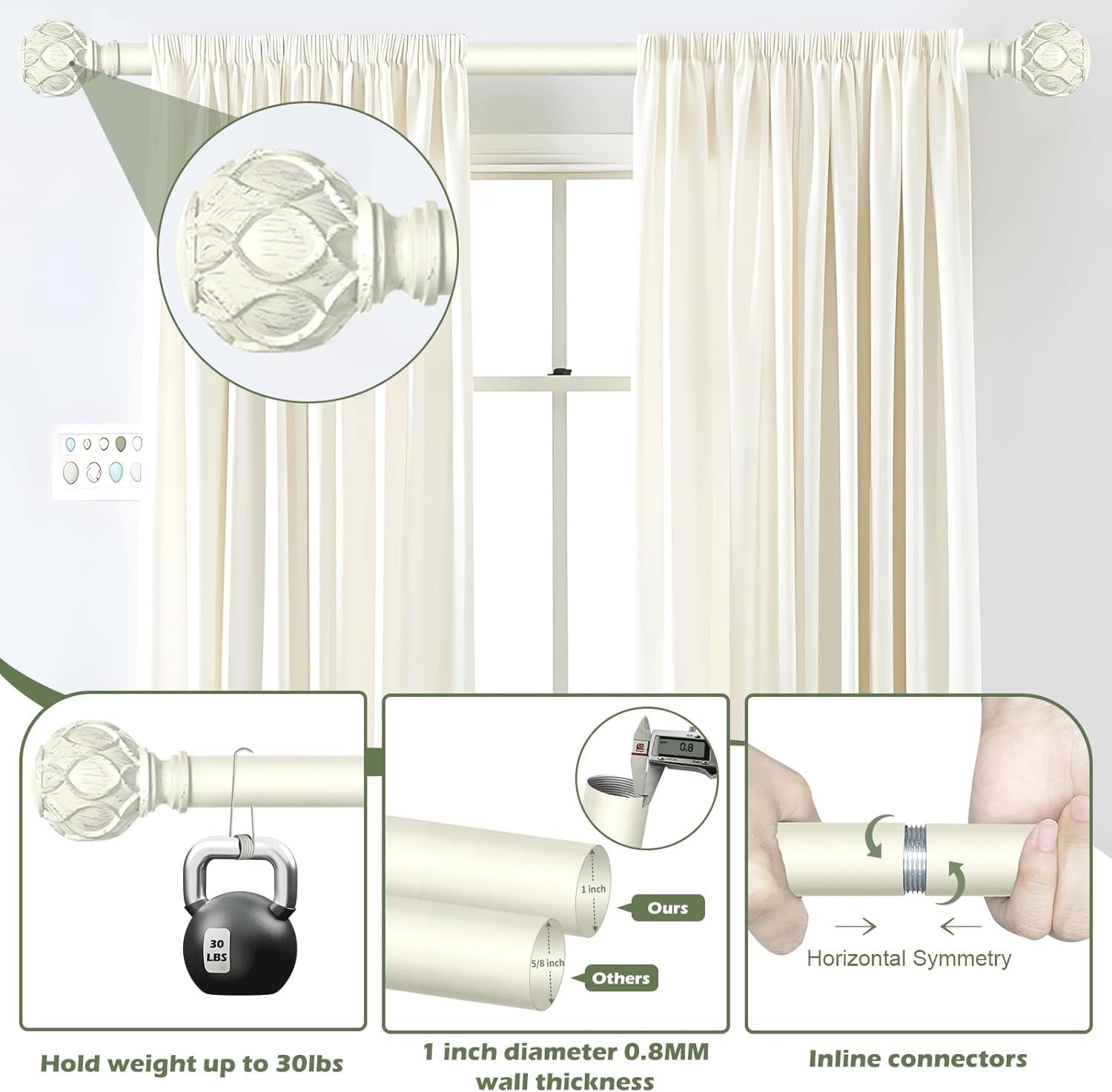 2PK White Curtain Rod 36″-88″ Adjustable Heavy Duty Boho Drapery Rod w/ Finials