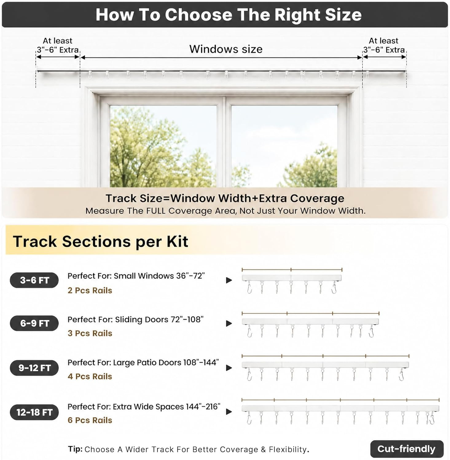 Ceiling or Wall Mount Curtain Track Kit with Hooks, 3Ft – 6Ft Adjustable Length
