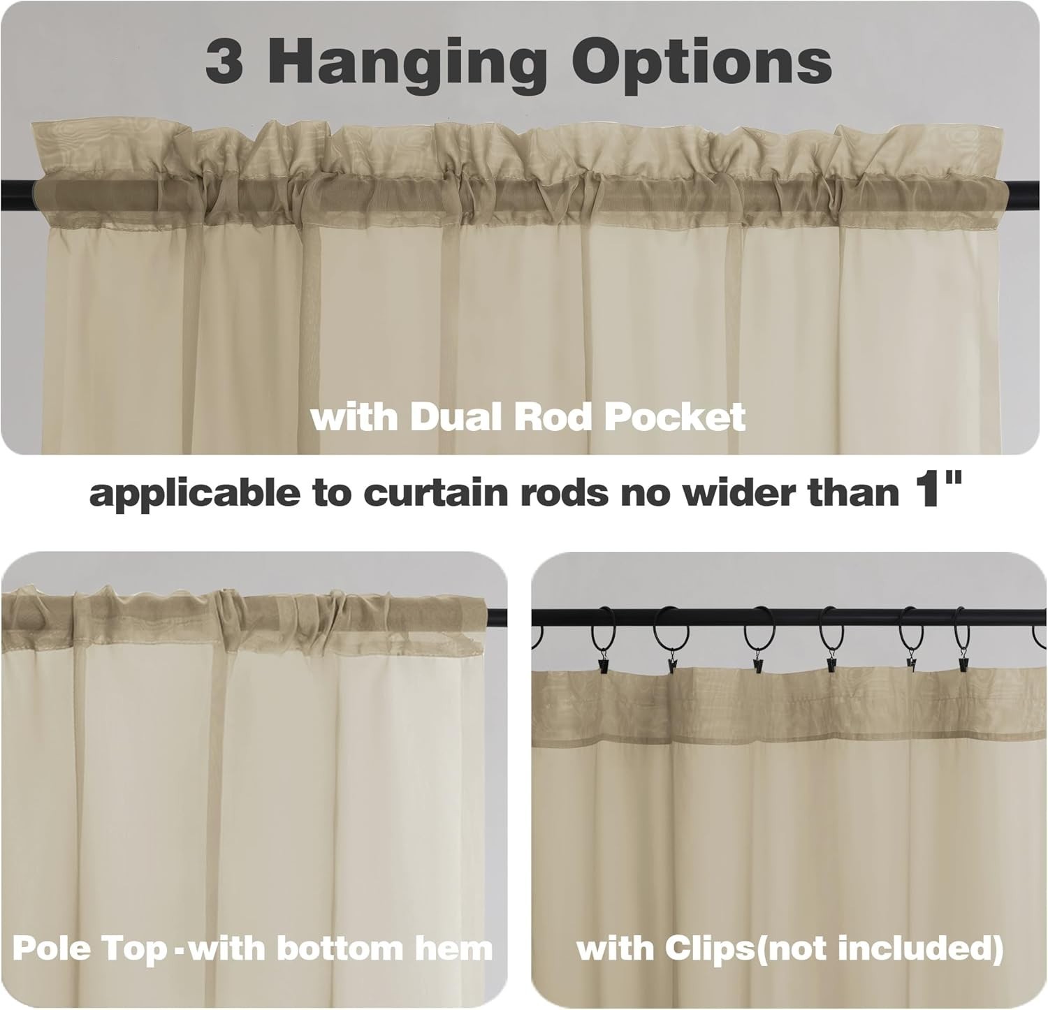 Sheer Valances for Windows 2 Pack, Small Window 42″W x 14″L (Pack of 2) Taupe