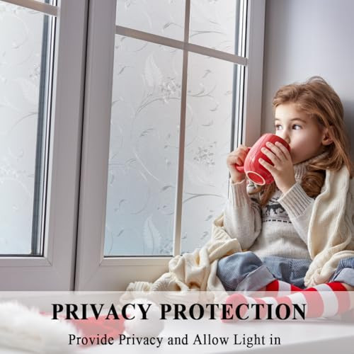 Privacy Window Film Etched Flowers Static Cling Glass Door Film, Non Adhesive