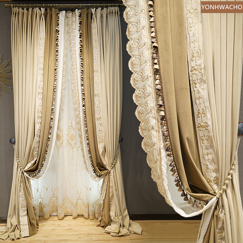 American luxury bedroom beige thick Velvet cloth blackout curtain tulle C614