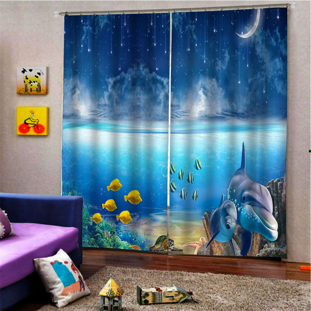 Yellow Bubble Fish Sand Blue Water Printing 3D Blockout Curtains Fabric Window