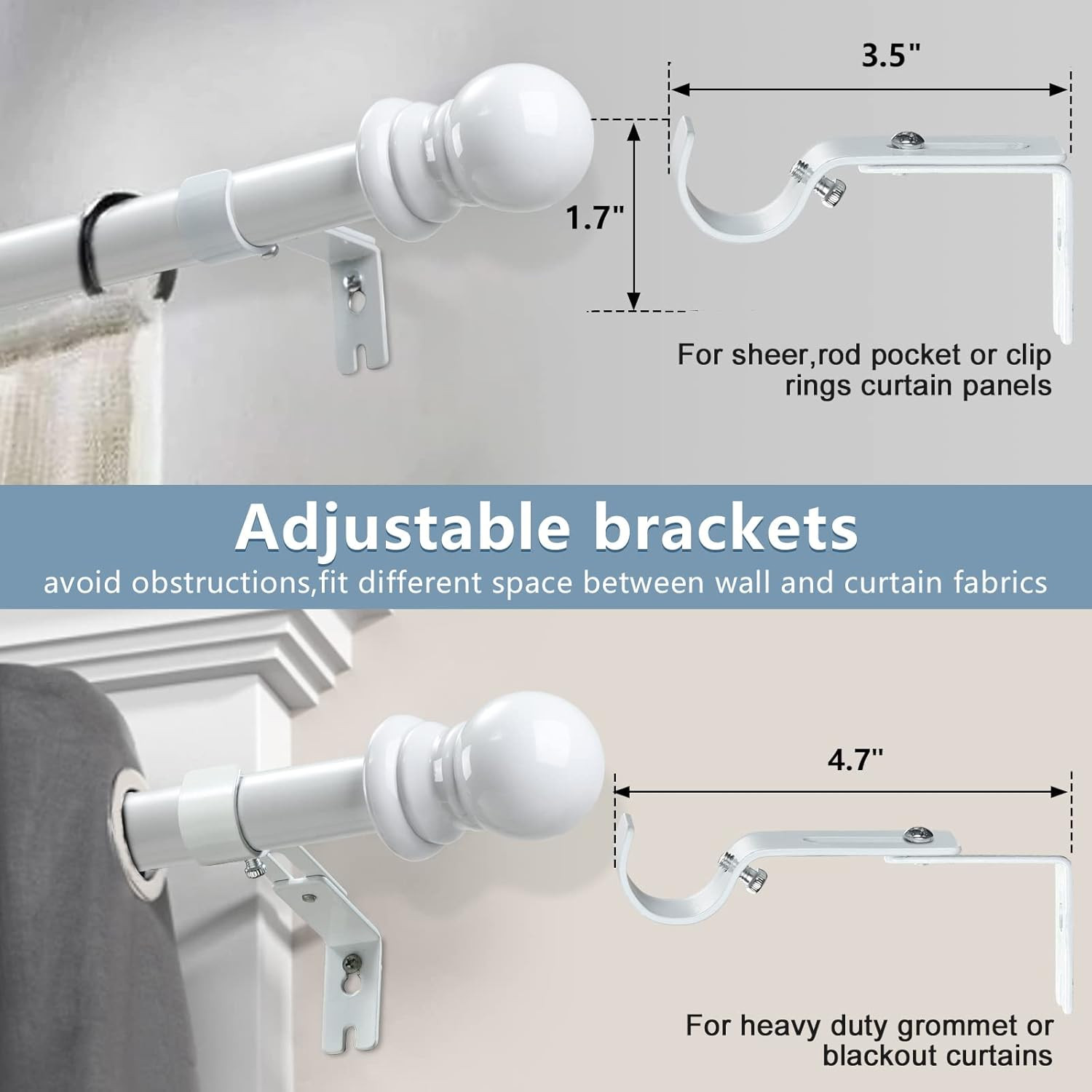 Rod For Window size 48~84″ long HD Metal 1″ Dia. Window Curtain Rod holder White