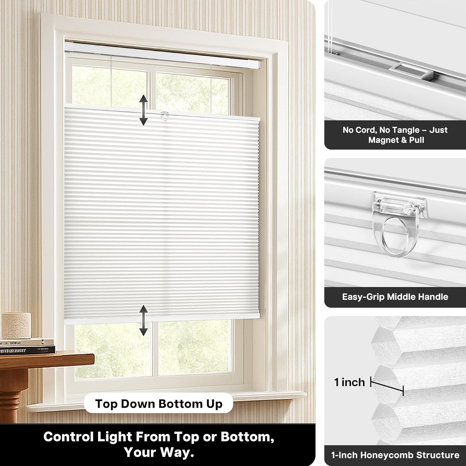 Top Down Bottom Up Cellular Shades 38″W x 72″H White Light Filtering