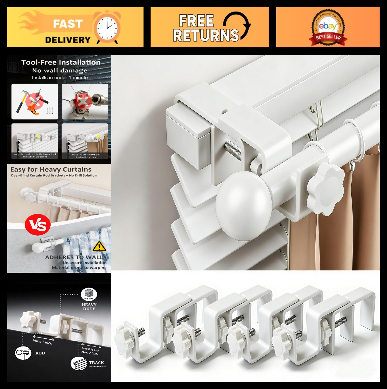 No Drill Curtain Rod Brackets for Outside-Mount Blinds, Tool-Free Holders, 4 Pac