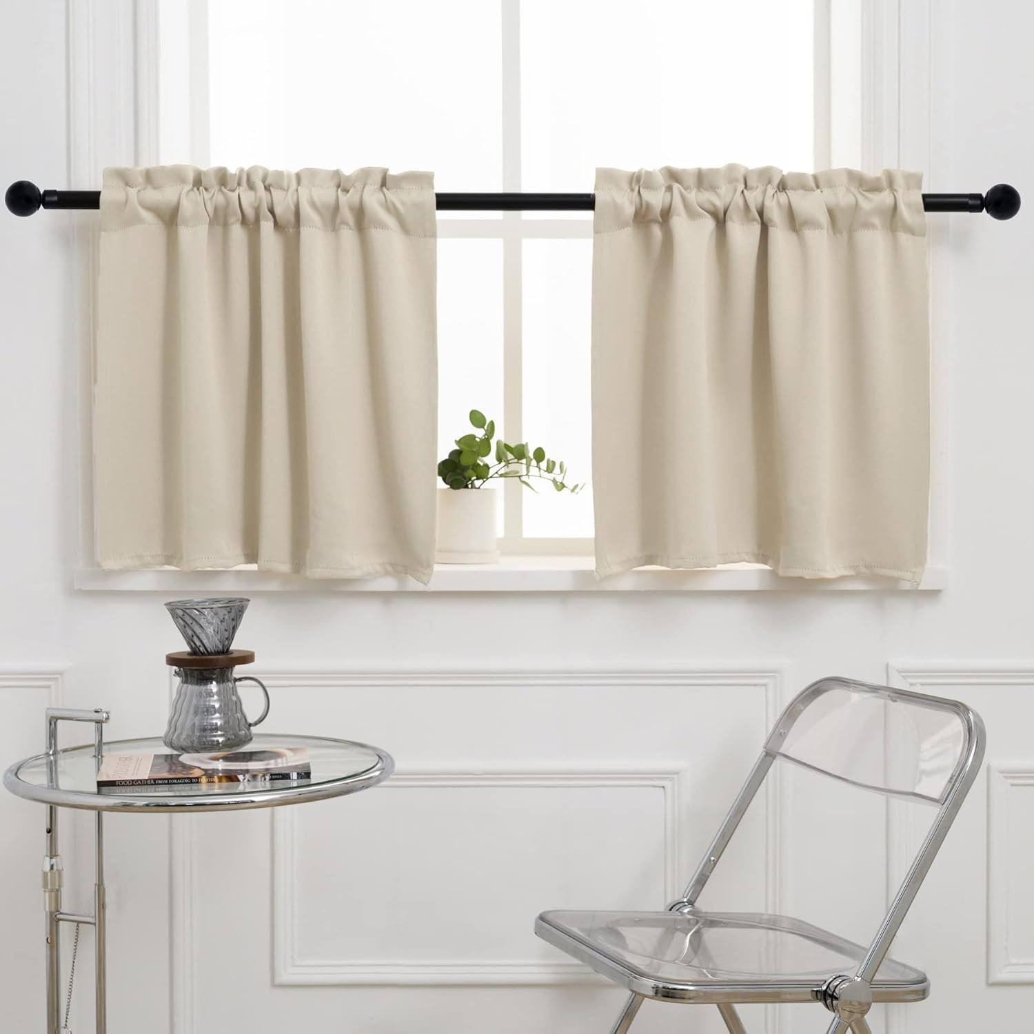 Blackout Kitchen Curtain 20 Inches Long, Rod Pocket Cafe Tier Curtains for Small