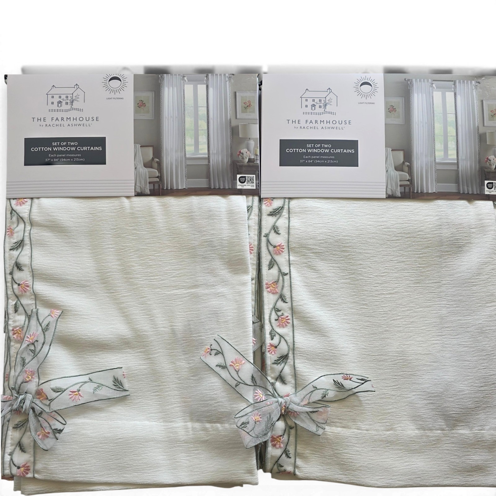 NEW Rachel Ashwell Farmhouse Bow Embroidered Curtains Set of 4 Ivory 37×84