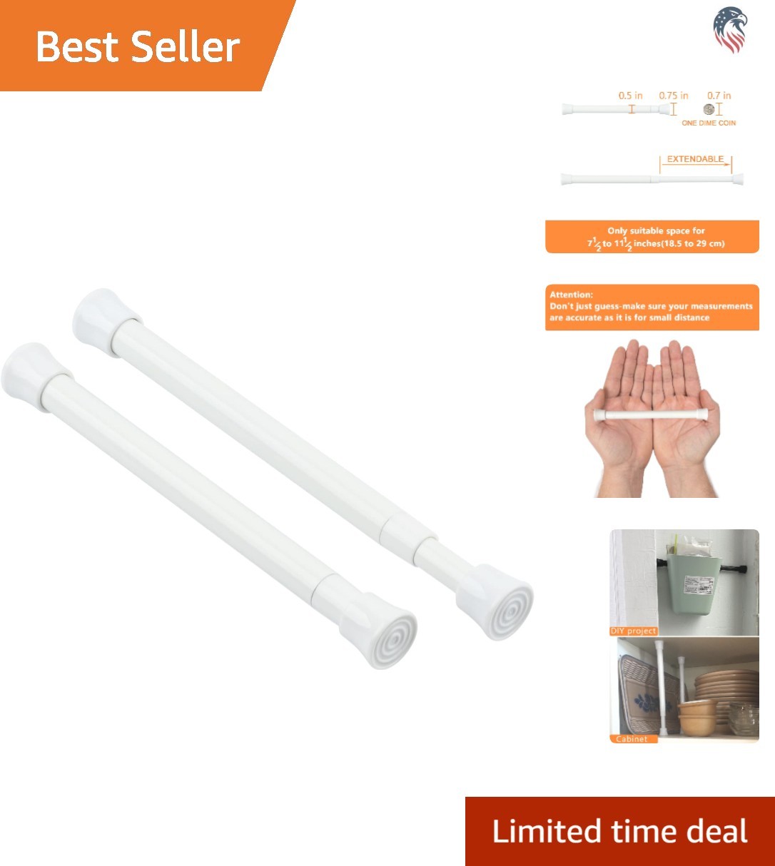 2 Pack Small Tension Curtain Rods 7.5-11.5 Inch White Alloy Steel Plastic