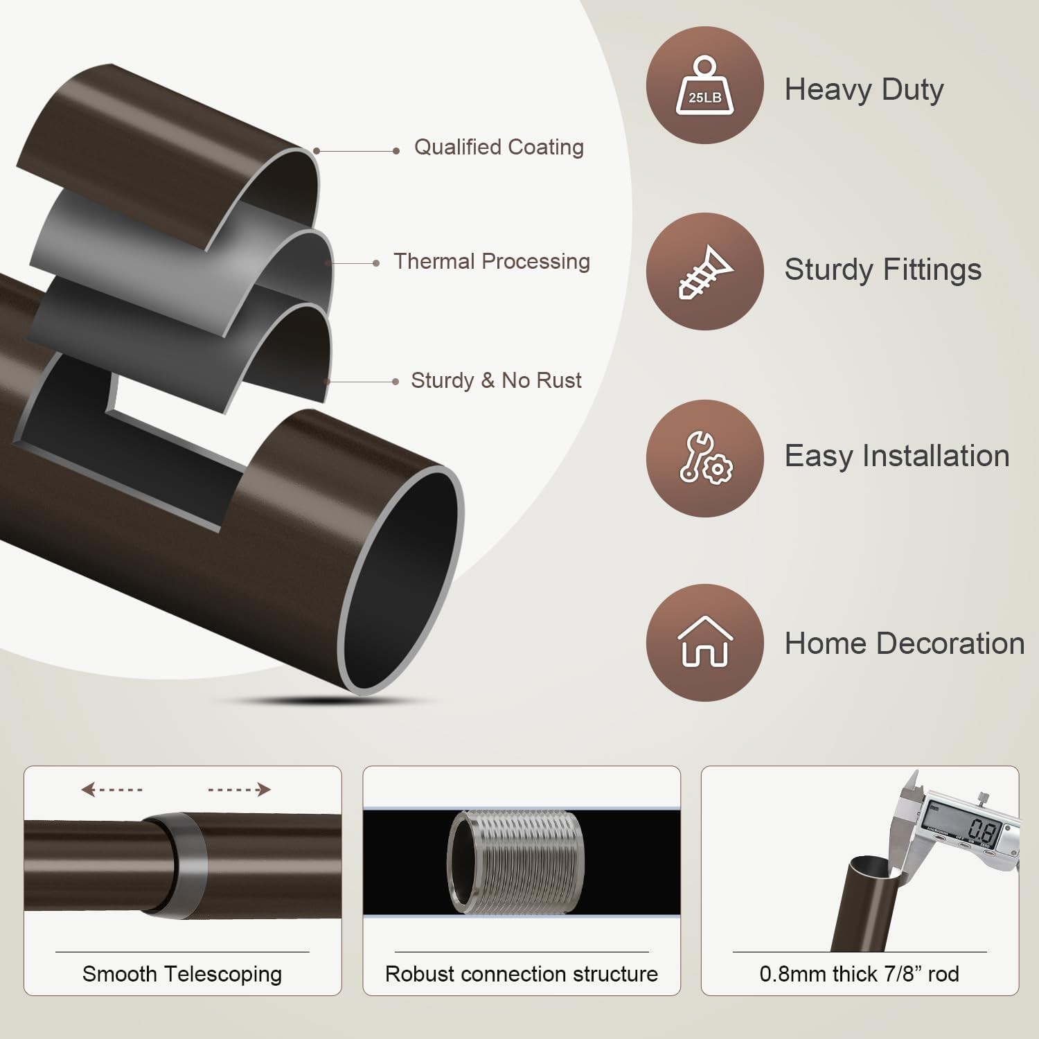 Versatile 2 Pack 18-60″ Brown Curtain Rod Set with Decorative Finials for Home