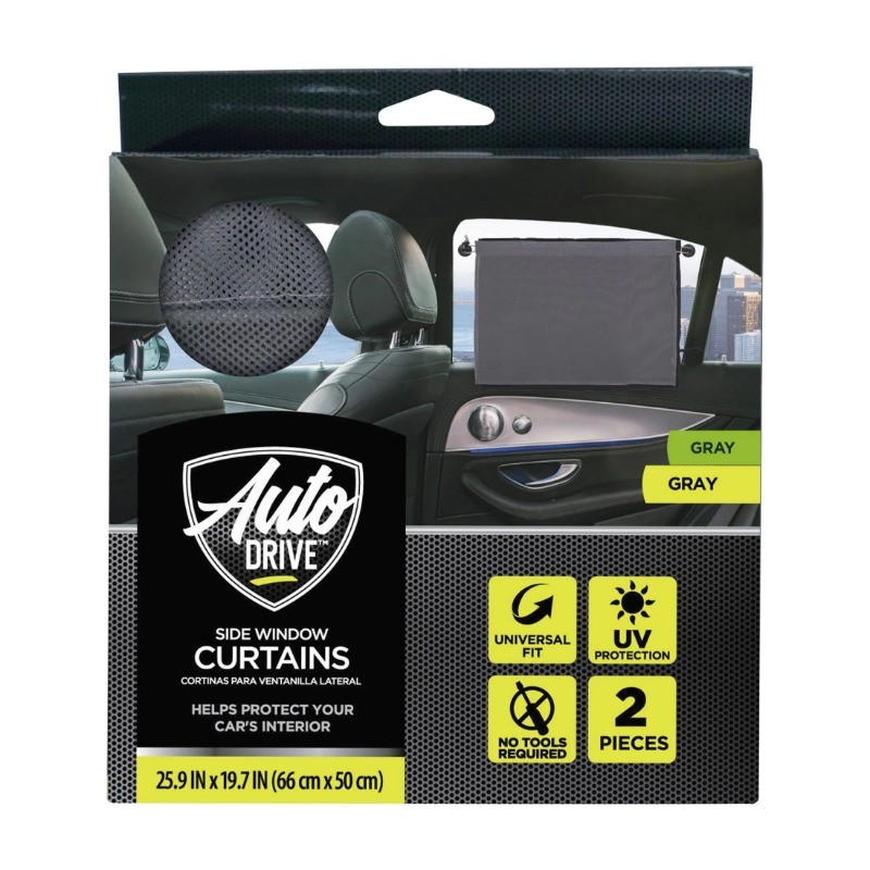Auto Drive Universal Side Window Suction Cups Grey Curtain Sun Shade 2 Counts