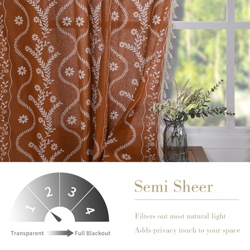 Boho Curtains for Living Room 63 Inches 52″W x 63″L (Pack of 2) Terracotta