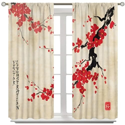 Oriental Cherry Branch Curtains, 20.5″W x 45″L (Pack of 2) Cherry Blossom-9