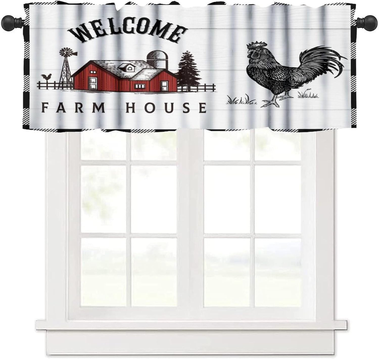 Farmhouse Valance Curtains, Welcome Farm Animal Rustic Country Buffalo Plaid Win