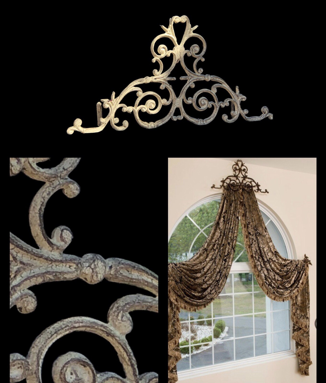 Scroll Arch Window treatment crown Off White Crackle paint Aluminum See Pics 29”