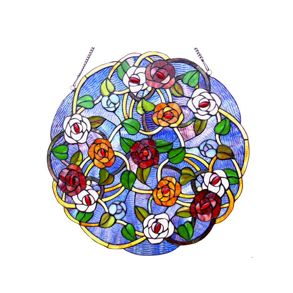 Round Window Panel with Tiffany-Style Roses in Stained Glass, 24 Inches