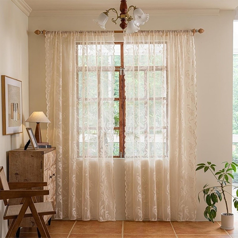 Ready Made Lace Curtains Panel Set Vintage Sheer Fabric Rod Pocket Home Decor US