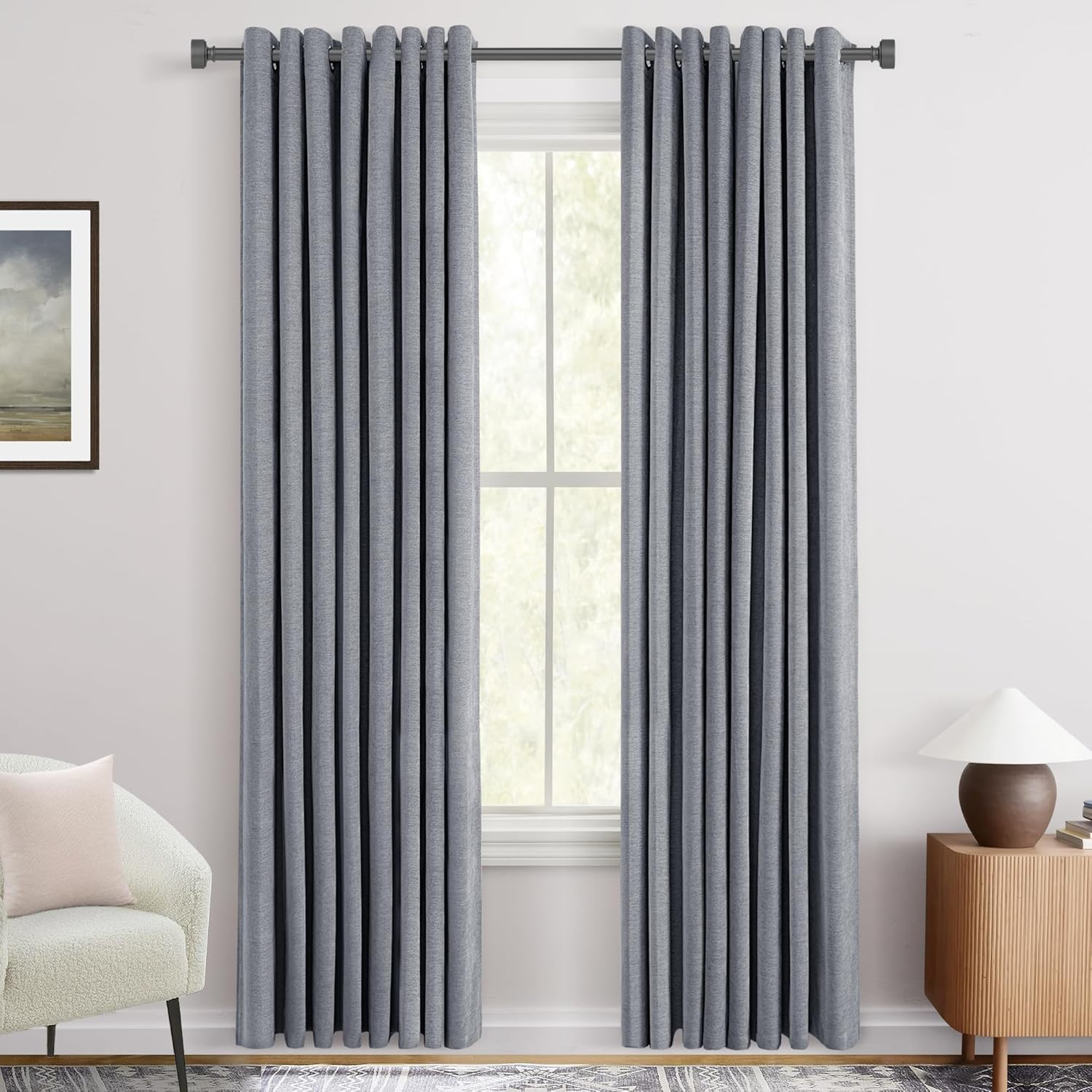 Charcoal Grey Blackout Curtains 84 Inch Long for Bedroom Grommet Chenille Velvet