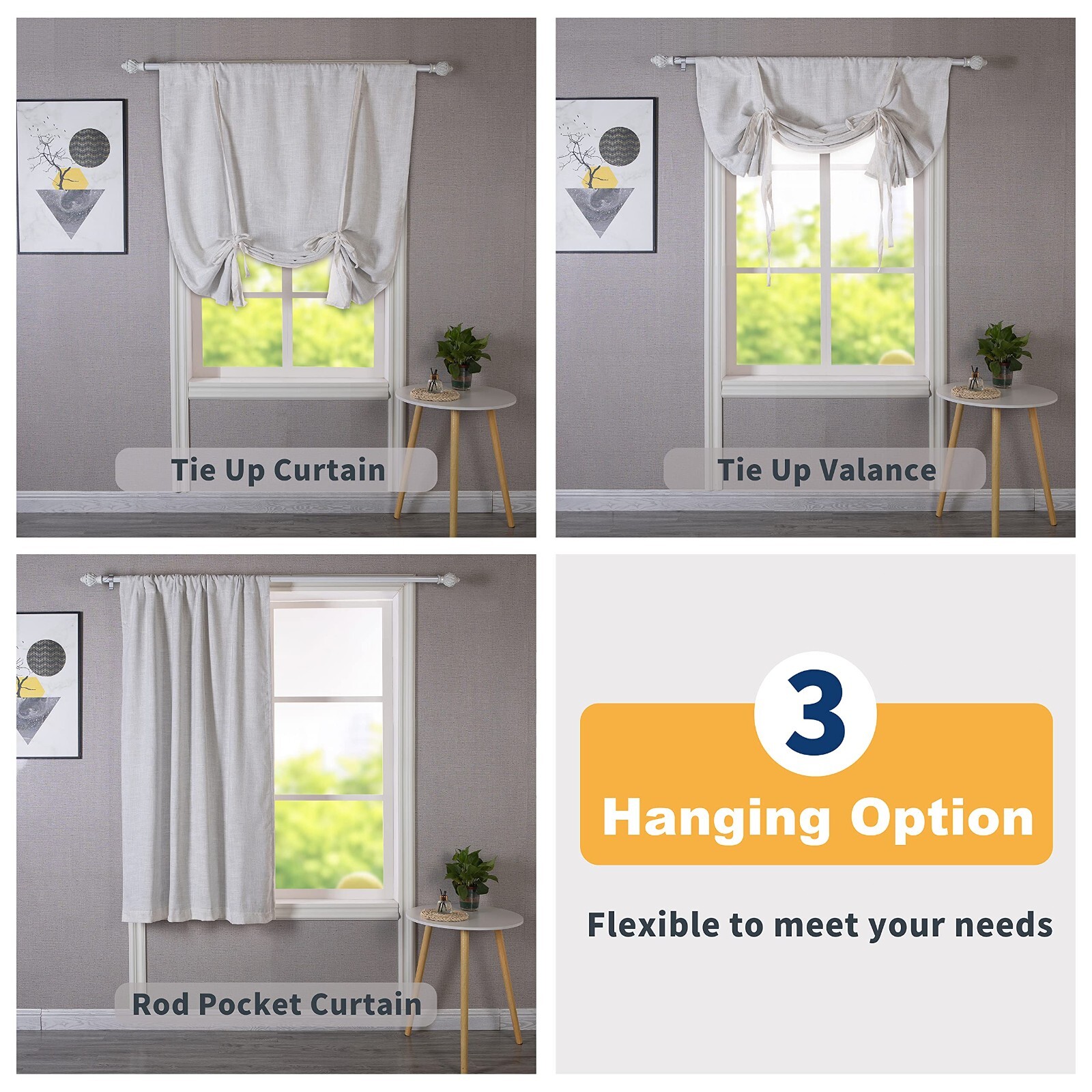 Linen Tie Up Shade Window Curtain Drape Ivory Rod Pocket for Kitchen Living Room